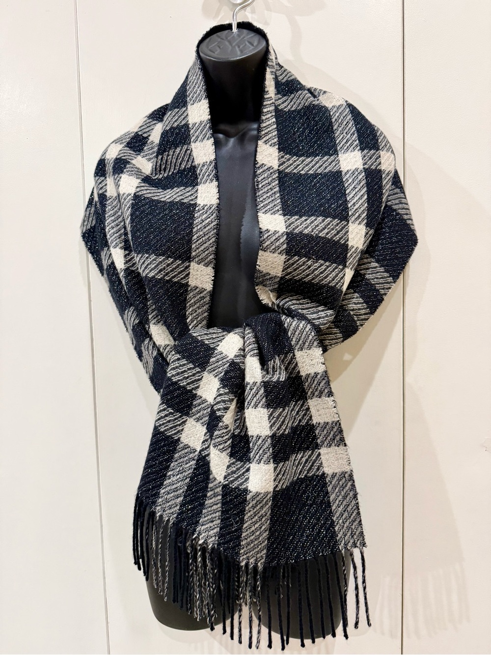 Burberry Cozy Black & White Plaid Fringe Wrap Scarf